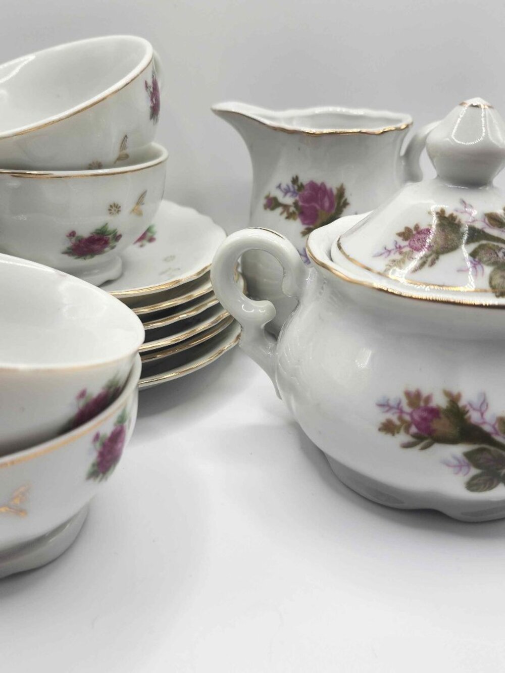 Vintage Fred Roberts Japan China Tea Set 12 Pc Pink Rose Gold Trim